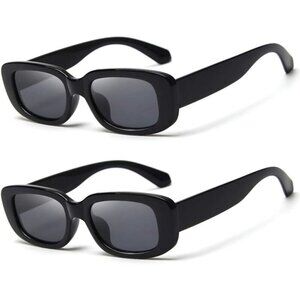 Trendy Rectangle 2 Black Sunglasses Women Men Retro Square Fashion Shades